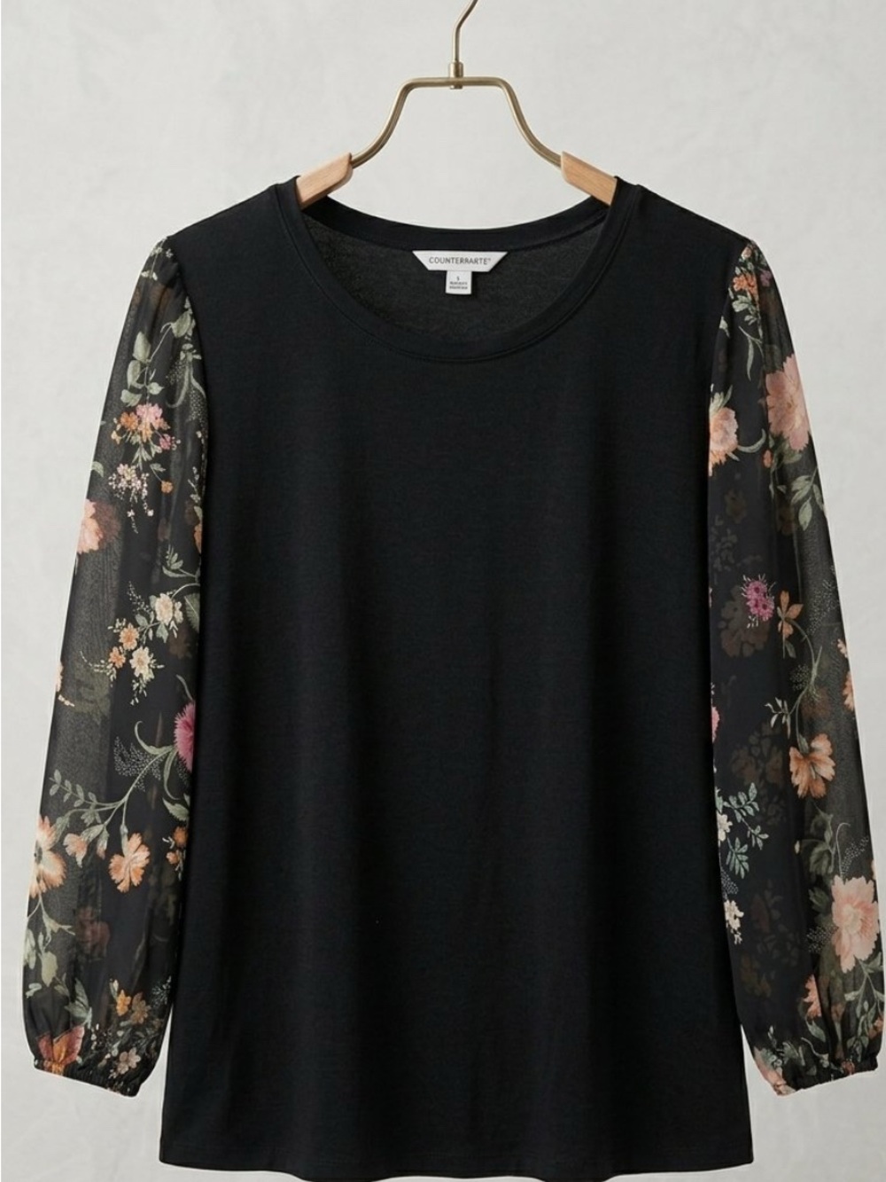 Counterparts Black Top with Floral Sheer Long Sleeves